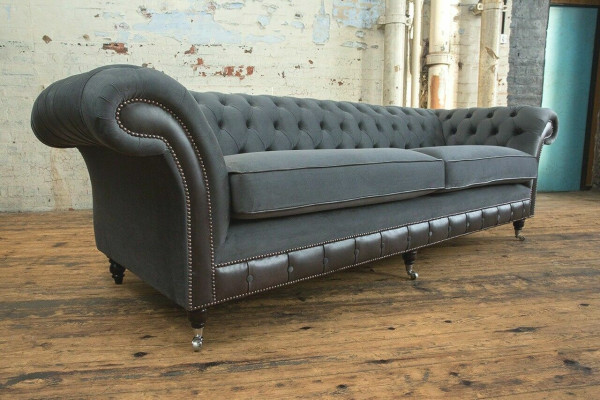 Klassische Chesterfield Couch 4 Sitzer Sofa Couch Samt Leder Design Schwarz Neu