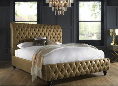 Gold Luxus Samt Textil England Bett Doppel Design Chesterfield 160x200cm Betten