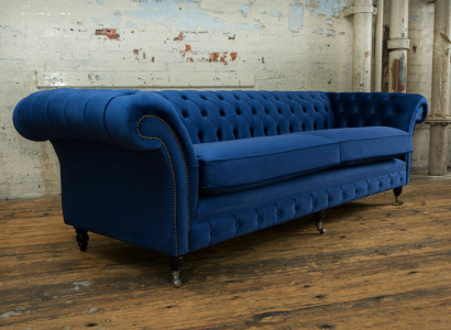Klassische Chesterfield Couch 4 Sitzer Sofa Couch Samt Leder Blau Design Polster