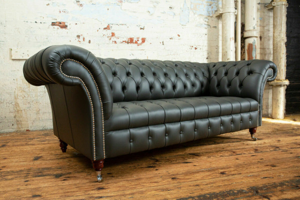Grauer Chesterfield Leder Dreisitzer Designer 3-er Couch