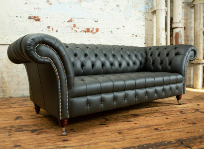 Grauer Chesterfield Leder Dreisitzer Designer 3-er Couch