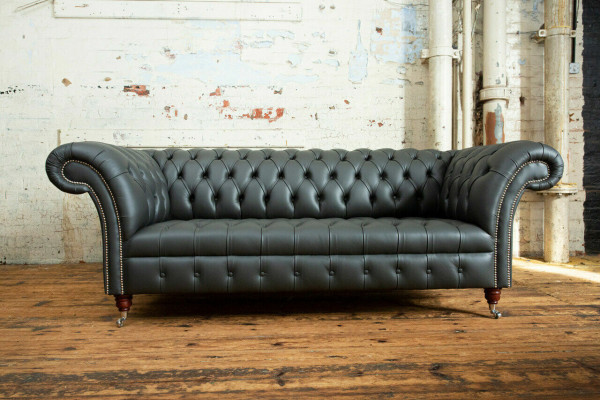 Grauer Chesterfield Leder Dreisitzer Designer 3-er Couch