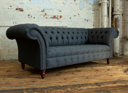 Graues Textil Sofa Grauer Chesterfield Dreisitzer Luxus Wohnzimmer Couch