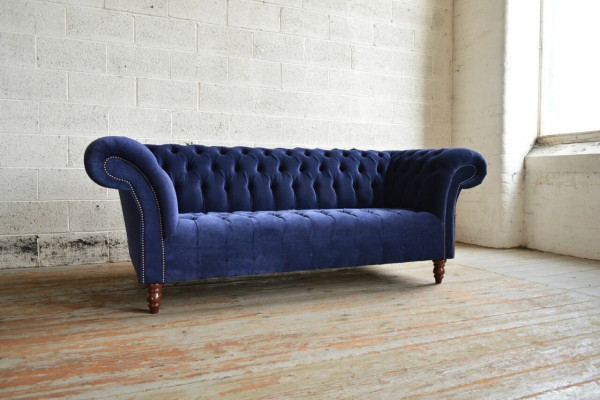 Blaue Chesterfield Sofa Couch Design Polster Sofas Couchen Stoff Textil Leder