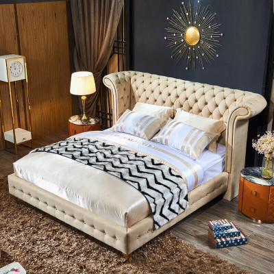 Klassisches Schlafzimmer Bett Beige Textil Leder Polster Doppelbett 180x200cm