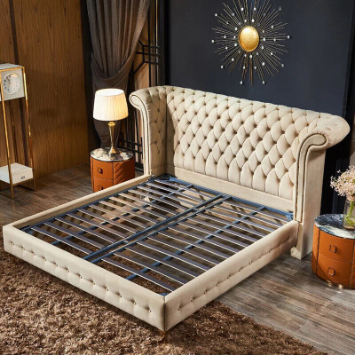 Klassisches Schlafzimmer Bett Beige Textil Leder Polster Doppelbett 180x200cm