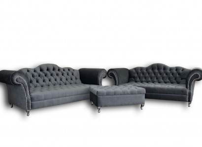 Sofagarnitur 3+2 Sitzers + Hocker Chesterfield Sofa Stoff Leder Couchen