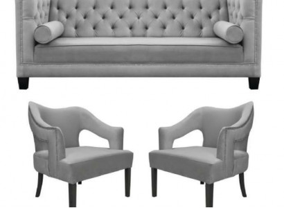 Silber Samte Garnitur Sofagarnitur 3tlg. Set Couch Sitz Polster Chesterfield