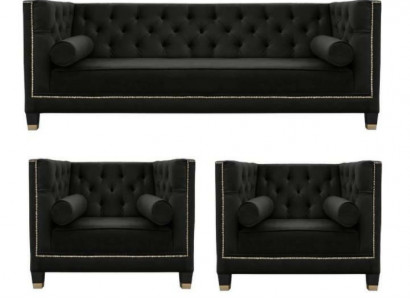 Schwarze Wohnzimmer Sofagarnitur Chesterfield Sessel Dreisitzer 3tlg