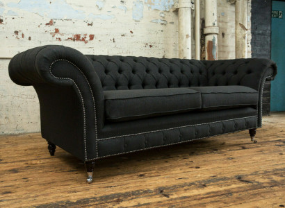 Schwarzer Moderner Dreisitzer Chesterfield Luxus 3-er Sofa