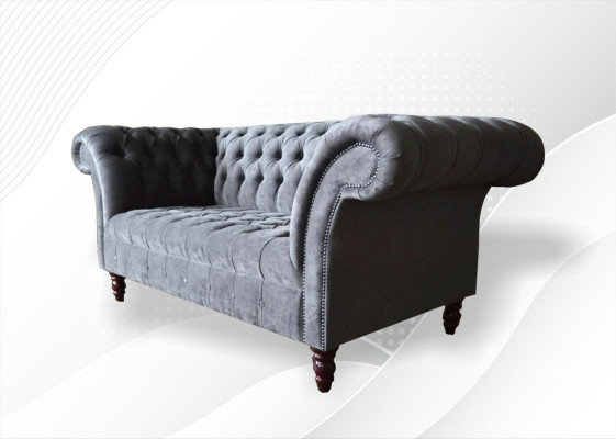 Chesterfield 3 Sitzer Wohnzimmer Couch Sofa Polster Sitz Textil Garnitur Grau