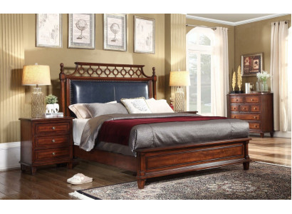 Echtholz Bett Leder 3tlg. Set Kommode Schlafzimmer Gründerzeit Garnitur Gruppe