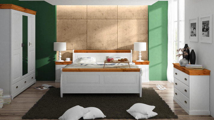 Landhaus Bett Kleiderschrank Nachttisch Schlafzimmer Komplett Holz Set 5tlg Neu