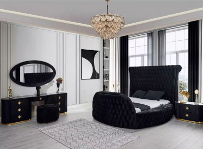 Schlafzimmer schwarz Set Bett 2x Nachttische Schminktisch Chesterfield 5tlg