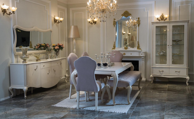 Esszimmer Set 9tlg. Garnitur Tisch 4x Stuhl Kommode Spiegel Vitrine Hocker