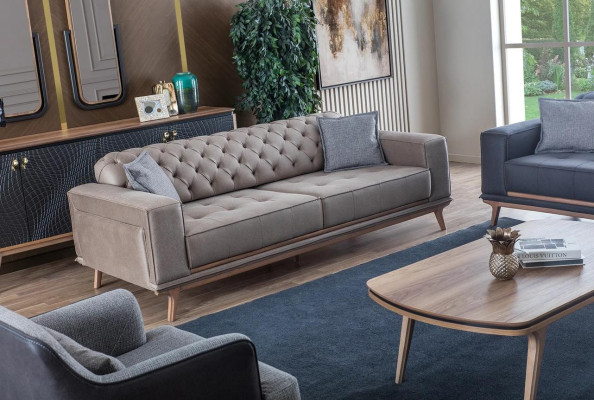 Luxus Modern Wohnzimmer Set 4tlg. 4 sitzer Sessel couchtisch Holz Möbel