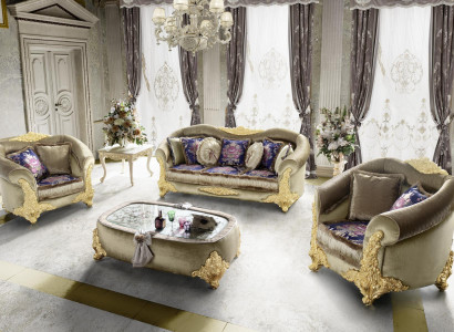 Klassische Wohnzimmergarnitur mit 3+2+1 Sofas und Couchtisch mit Goldintarsien