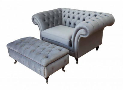 Chesterfield Ohrensessel Hocker Sessel Couch Polster Set Grau Textil