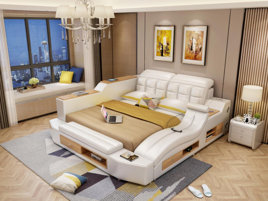 Design Leder Betten Hotel Doppel Multifunktions Bett Bluetooth Boxen Luxus