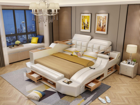 Design Leder Betten Hotel Doppel Multifunktions Bett Bluetooth Boxen Luxus