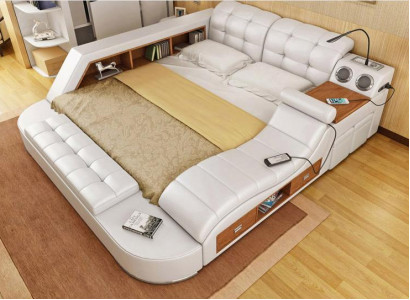 Doppel Luxus Leder Bett + USB Polster Betten Moderne Hotel Multifunktion Sofort