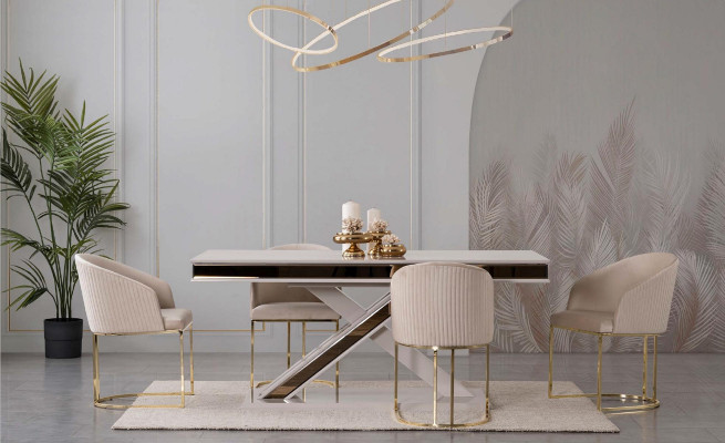 Säulen Tisch Essgruppe Tisch mit 6x Lehnstühlen Esszimmer Stühle 7tlg