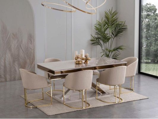 Säulen Tisch Essgruppe Tisch mit 6x Lehnstühlen Esszimmer Stühle 7tlg