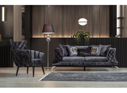 Schwarze Couch Sofa Garnitur 3+1 Sitz Chesterfield Wohnzimmer Polster