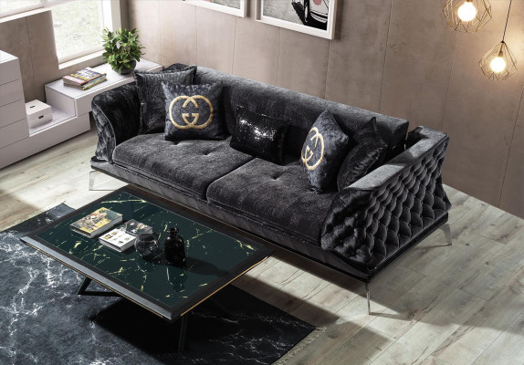 Schwarze Couch Sofa Garnitur 3+1 Sitz Chesterfield Wohnzimmer Polster