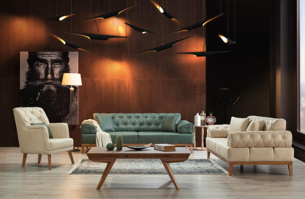 Wohnzimmer Sessel Möbel Modern Stoff Lounge Textil Kunstleder beige