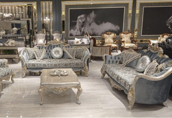 Gruppe Sofagarnitur 3+3 Sitzer Luxus Sofa Sessel Sofas Stoff Klassisches Set Neu