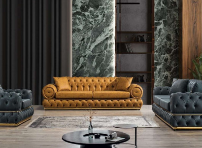 Sofagarnitur 3+3+1 Sitzer Garnitur Sofa Sessel Sofas Leder Luxus Chesterfield