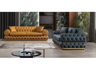 Garnitur Luxus Chesterfield Sofagarnitur 3+3 Sitzer Sofa Sessel Sofas Leder 2tlg