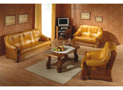 Sofagarnitur Holz Leder 3+2+1 Komplettes Set Klassik Sitz Polster Couchgarnitur