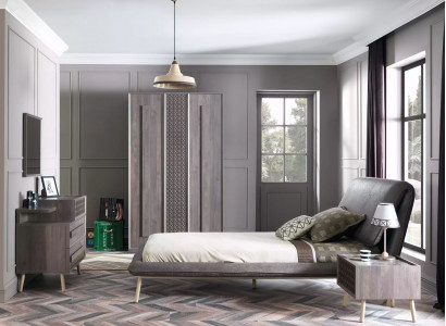 Garnitur Polsterbett Jugendbett Bettrahmen Bett Set 5tlg Holz Grau Neu