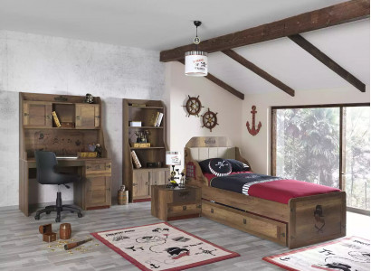 Kinderzimmer Garnitur Pirat Bettrahmen Jugendbett Holz Braun 5tlg Set