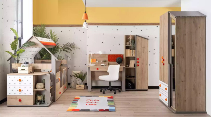 Garnitur Bett Kindermöbel Kinderzimmer Braun Bettrahmen 6tlg Holz Set