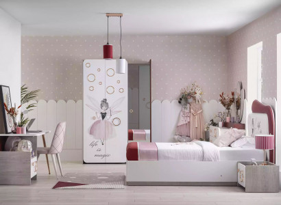 Komplette Kindermöbel - Kinderbett mit Bettkasten, Holz Rosa Set 6tlg