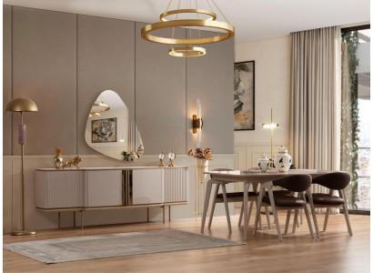 Holzmöbel Designer Esszimmergarnitur Beiger Esstisch 4X Stühle Anrichte