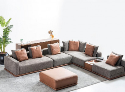 Designer Graue L-Form Couch Wohnzimmer Eck Wohnlandschaft Hocker 2tlg