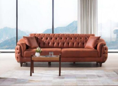 Orange Chesterfield Couch Dreisitzer Sofa Möbel Samt Holz Sitzpolster