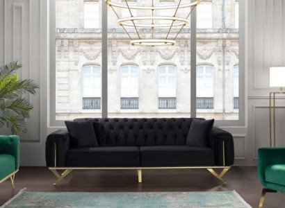 Schwarz Chesterfield Couch Dreisitzer Sitzpolster Sofa Samt Holz