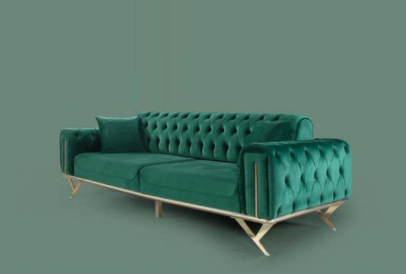 Grüne Chesterfield Couch Dreisitzer Sitzpolster Sofa Möbel Samt Holz