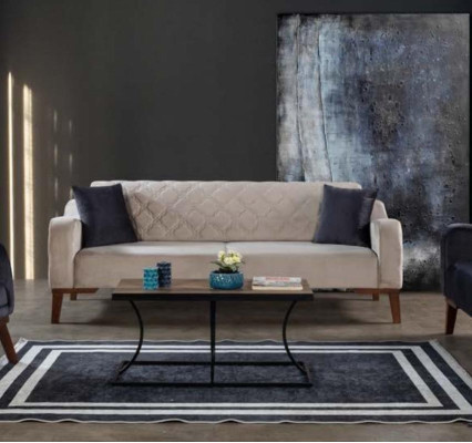Beige Dreisitzer Couch Elegante Sofa Wohnzimmer Sitzmöbel Samt