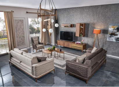 Garnitur Sofagarnitur Luxus 3+3+1 Sitzer Sofa Stoff Sessel Sofas Modern Braune