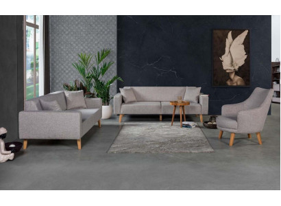 Sofa Couch Polster Sitz 3+3+1 Sitz Garnitur Design Holz Sofas Beige Sitzpolster