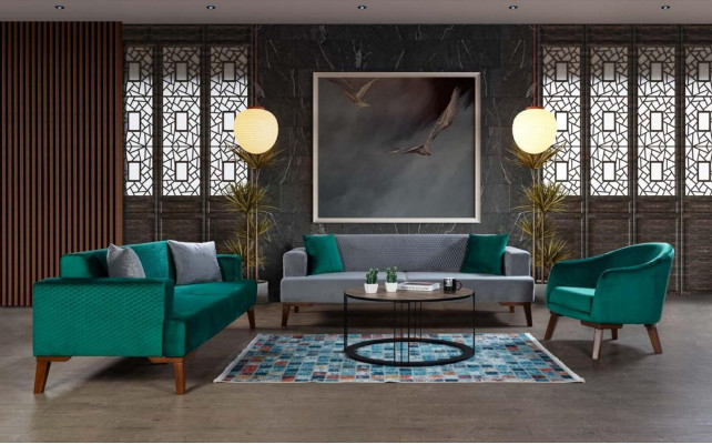 Sofagarnitur 3+3+1 Sitzer Designer Wohnlandschaft Grau Turkis Grün