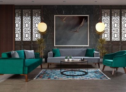 Sofagarnitur 3+3+1 Sitzer Designer Wohnlandschaft Grau Turkis Grün