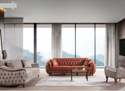 Sofas Set Sofagarnitur Komplette Garnitur Sofa Sessel Orange 3+3+1 Sitz Möbel