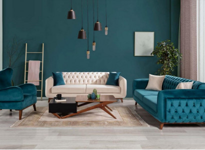 Sofas Set 3+3+1 Polster Couch Stoff Wohnzimmer Chesterfield 3tlg